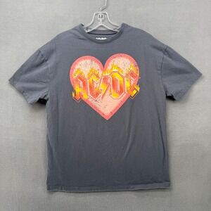 AC/DC Flaming Heart Graphic T-Shirt Charcoal Gray Rock Band Tee Womens XS 2023